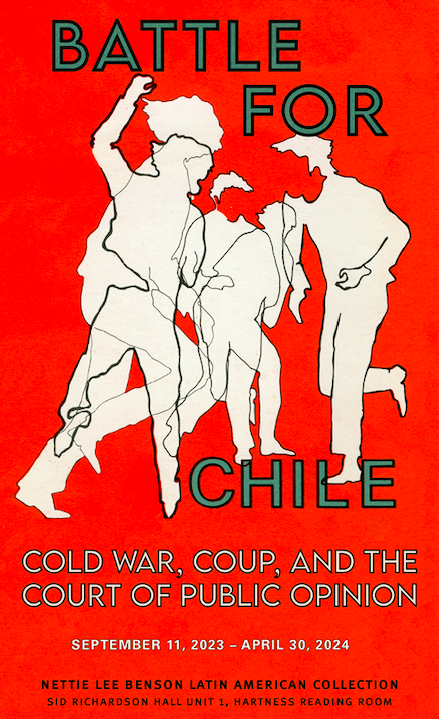 On a bright red background, white silhouettes outlined in black suggest people running or fighting. The words Battle for Chile appear in bold lettering on this poster advertising an exhibition.