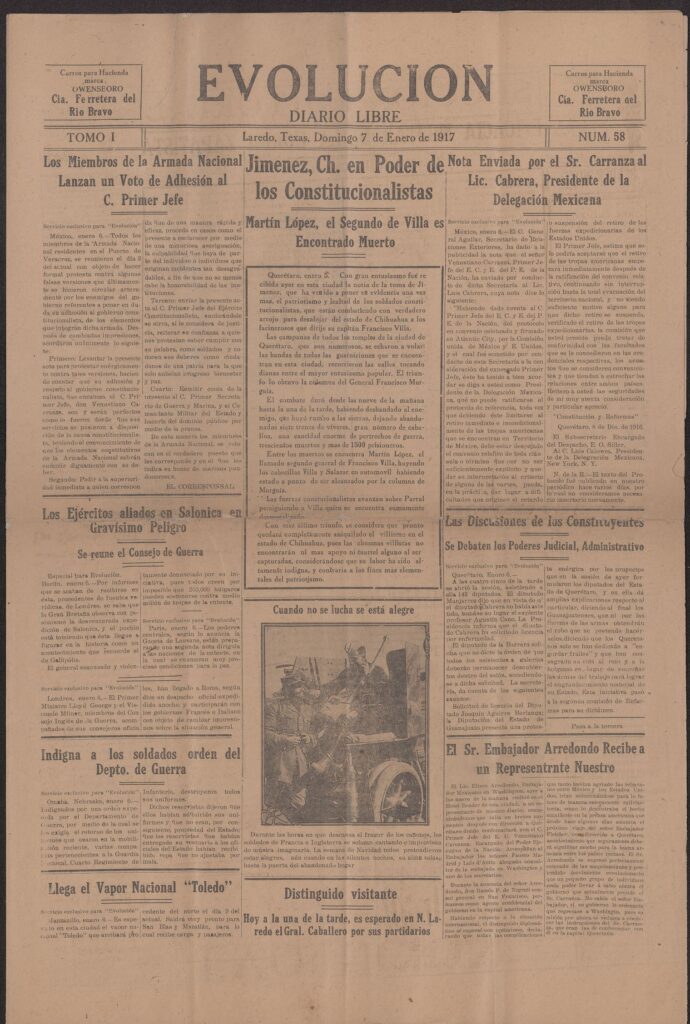 Yellowed front page of a Spanish-language newspaper titled Evolución. There are various headlines relating to World War I, and one image.