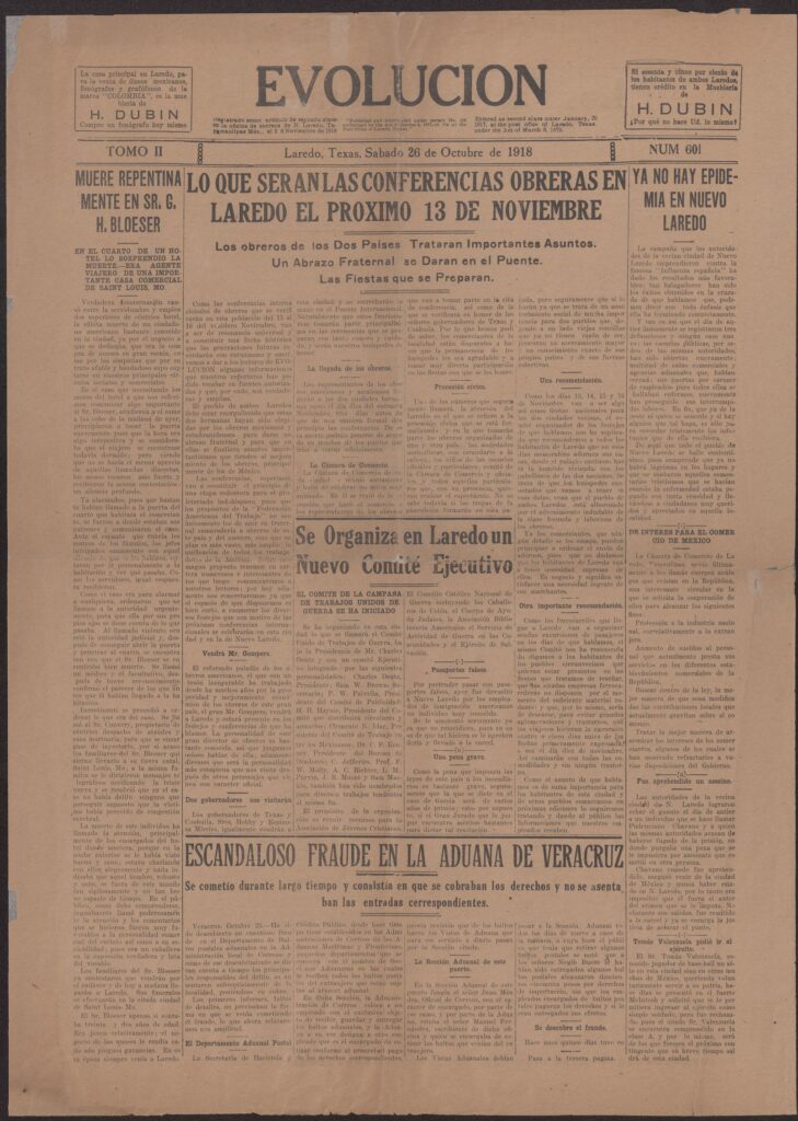 Yellowed front page of a Spanish-language newspaper titled Evolución. A large crease down the center shows where the torn page was restored by the UT Austin Campus Conservation Initiative.