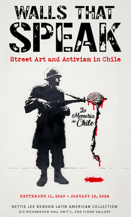 Against a white background, the words "Walls That Speak" appear in bold black with the letters looking slightly worn. There is a large stenciled image of a soldier holding a rifle or bayonet at the end of which is a bloodied brain. This poster advertises an exhibition of stencil street art.