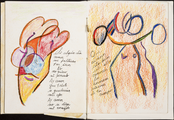 Two abstract multicolor drawings in crayon are side-by-side. Each one has a short handwritten poem scrawled next to the drawing.