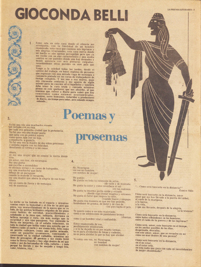 A faded newspaper page from La Prensa Literaria has the name Gioconda Belli at the top in large sans serif capital letters. The page contains various poems and other text. The legend "Poemas y prosemas" appears in large blue serif type in the middle of the page. Along the righthand side of the page there is a large black cartoon illustration of a Classic-age woman who holds a long sword in one hand and, aloft, the severed head of a man, blood dripping from it, in the other.