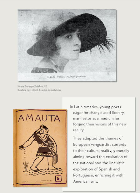 Black and white photo of Peruvian poet Magda Portal wearing a broad-brimmed stylish hat across the top. Lower half shows the cover of the Peruvian literary journal Amauta, with a stylized figure of a pre-Colombian man on the cover who is planting seeds, along with a brief description of literary manifestos by Latin American vanguardist poets.