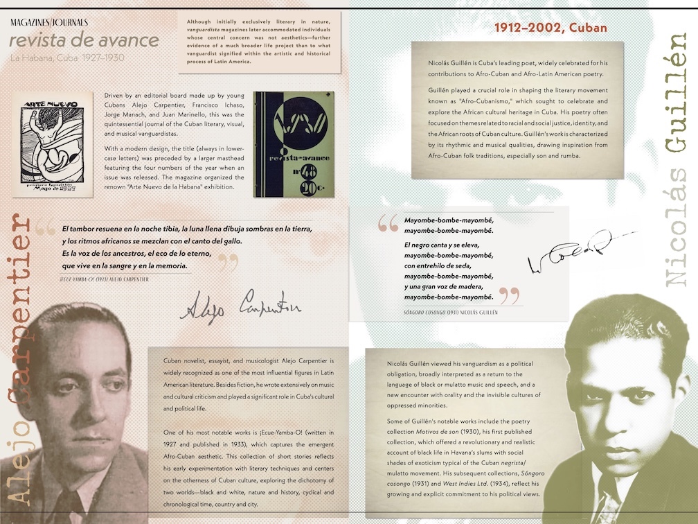 Poster in background colors of white, pinkish, and blue pastels shows the covers of two publications and the photos of Cuban writer Alejo Carpentier and poet Nicolás Guillén along with biographical information about the two and pieces of text they authored.