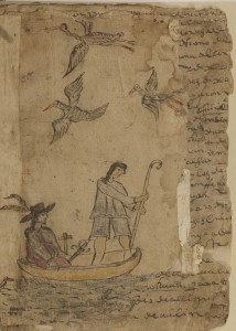 Fragment of Aztec manuscript, 1520, written in Spanish on native paper, is an illustrated account of the conquest of Mexico by Hernán Cortés. (G8 Ms.)