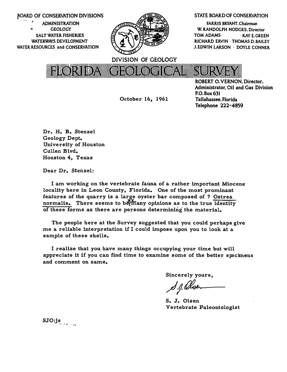 Letter to H.B. Stenzel from S.J. Olsen on 1961-10-16.