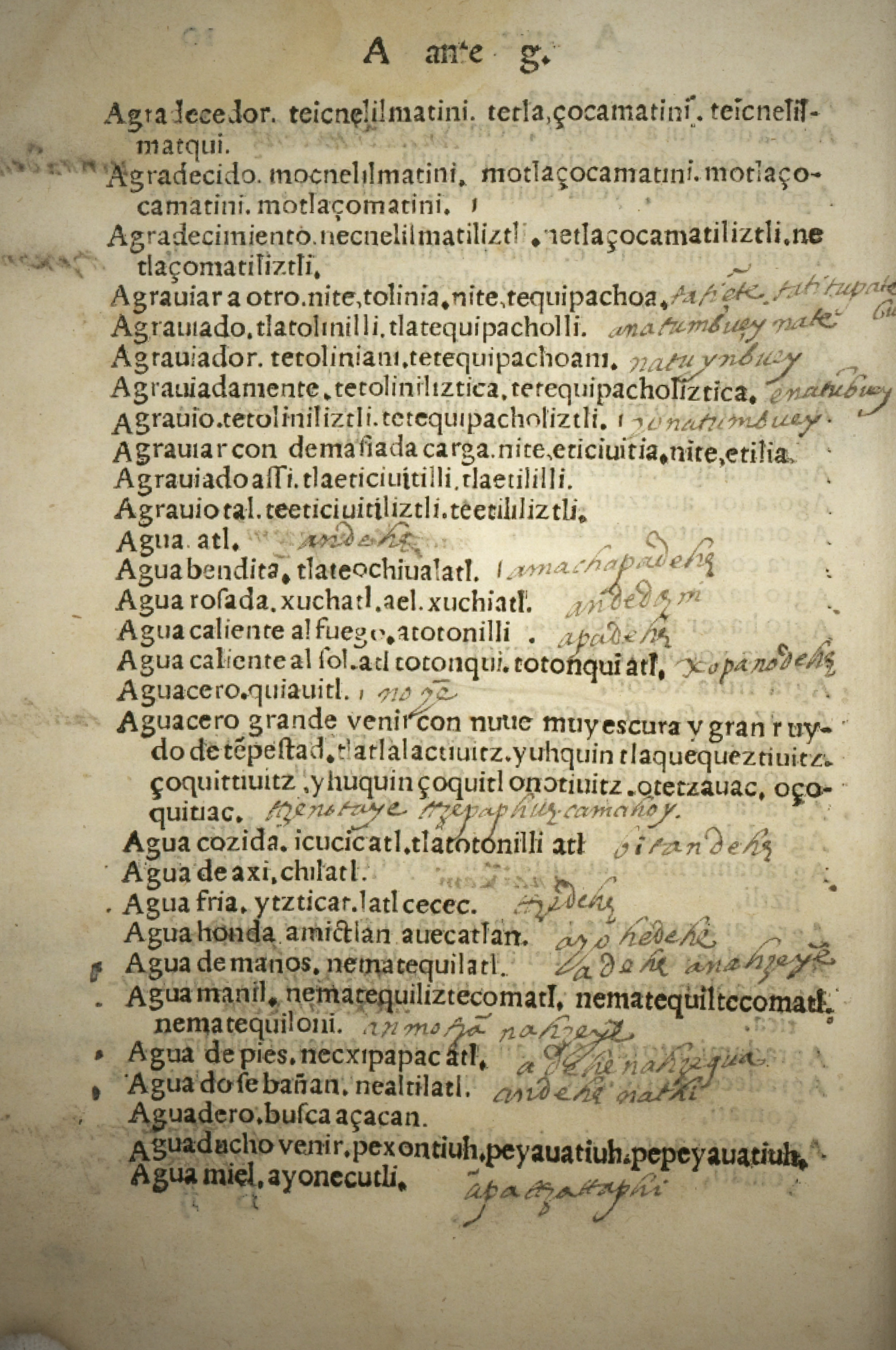 A page of Alonso de Molina’s Spanish-Nahuatl dictionary. Printed in 1555, this is the first work of lexicography published in the Americas. It contains marginal annotations in Otomí, another language common in Central Mexico. This copy is part of the Joaquín García Icazbalceta Collection, held at the Benson Latin American Collection.