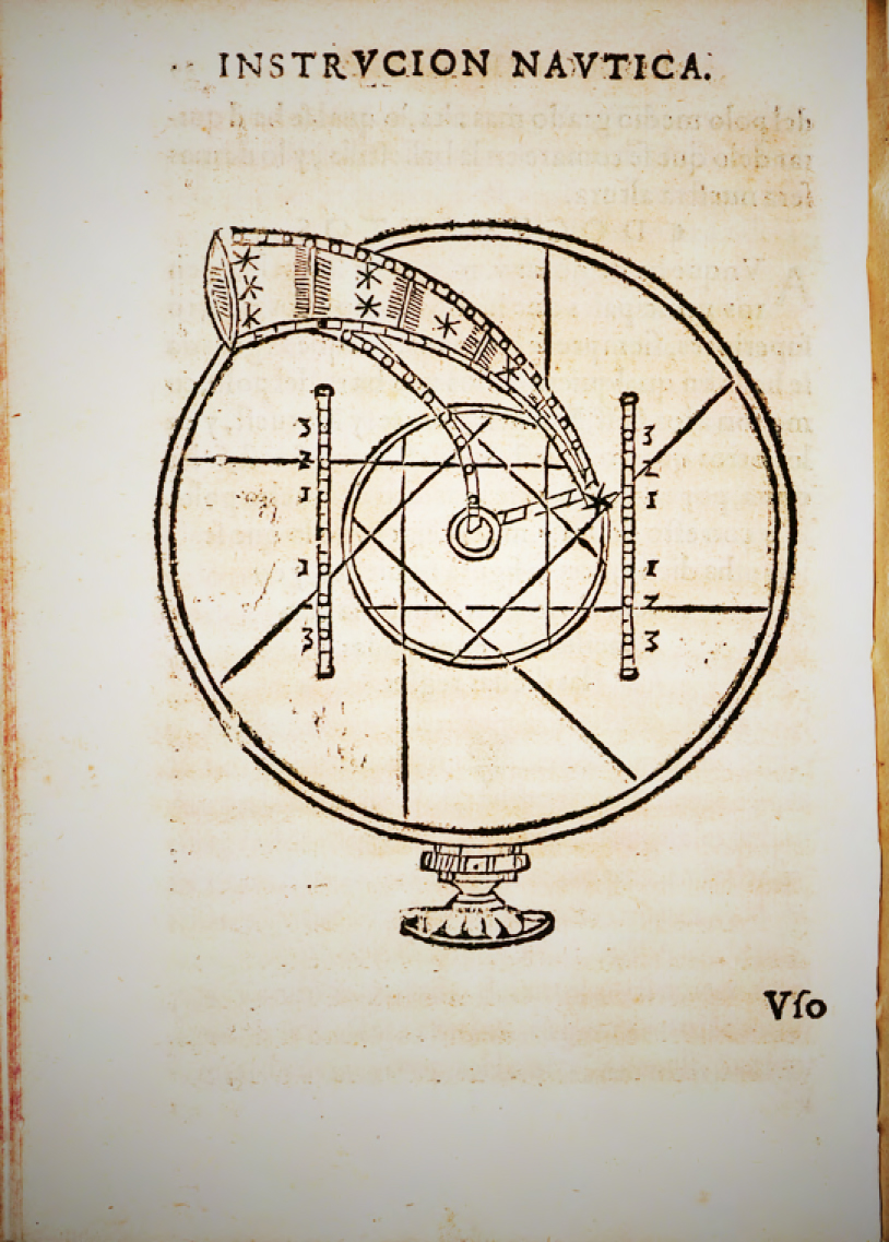 Page from Instrucción Náutica, by Diego García de Palacio, printed in the New Spain in 1587. This copy belongs to the Universidad of Salamanca, in Spain.