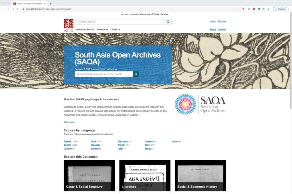 screencap of south asia open archives website homepage