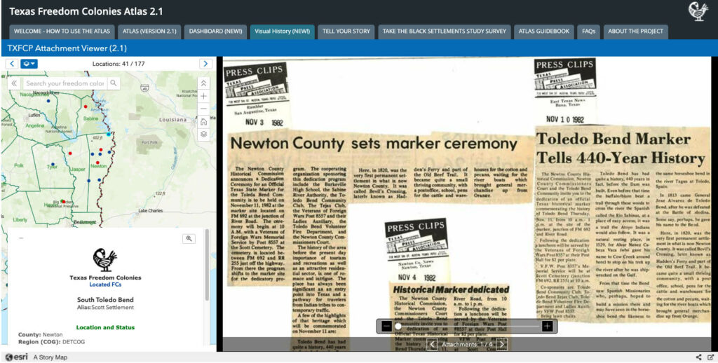 Screenshot showing newspaper coverage attached to the mapped record of the South Toledo Bend settlement.