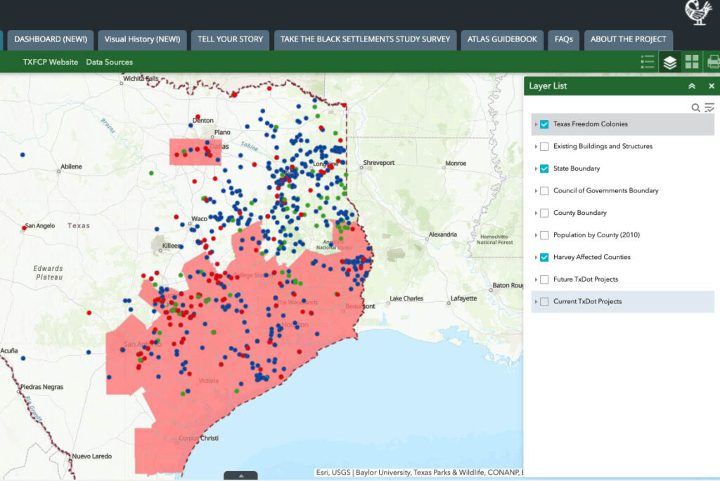 Screenshot showing the Harvey Affected Counties layer filtered on top of Freedom Colonies mapped points 