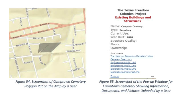 Screenshots of figures showing user contributions to the TFCU Atlas.[2] 

Figure 54 shows a screenshot of Camptown Cemetery Polygon put on the map by a user.

Figure 55 shows a screenshot of the pop-up window for Camptown Cemetery showing information, documents, pictures uploaded by a user. 
