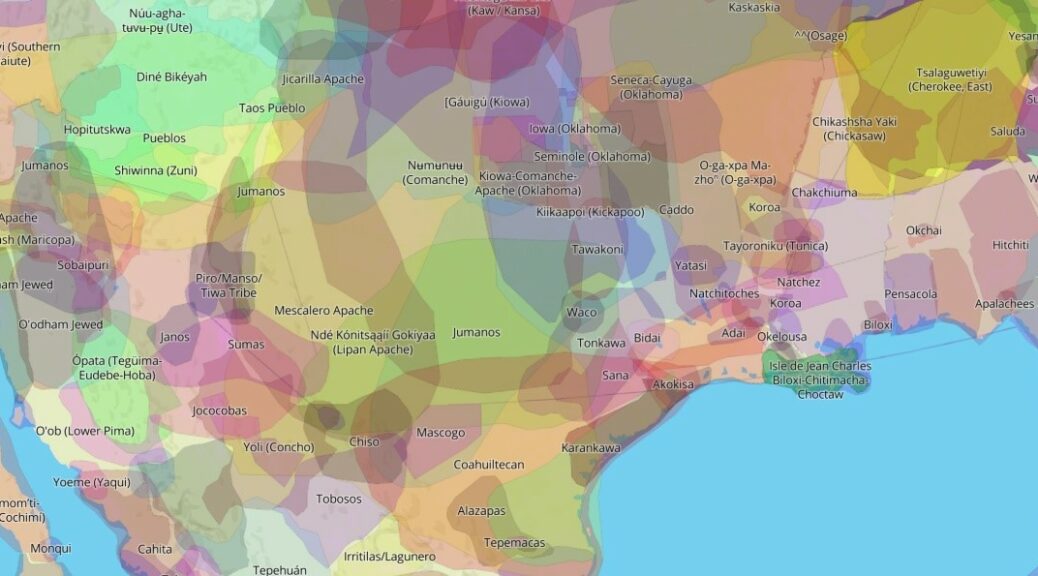 a cropped version of North America on Native Lands Digital. The are colorful shapes representing Indigenous Nations land