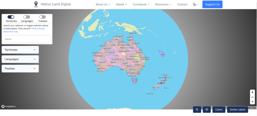 Native Land Digital webpage with a map centered on the Australian continent.