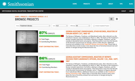 Screenshot of the Smithsonian Transcription Center project page for the Freedmen's Bureau. It shows the percentage completed for each project, with the first two being at 87% and 86% percent complete. 