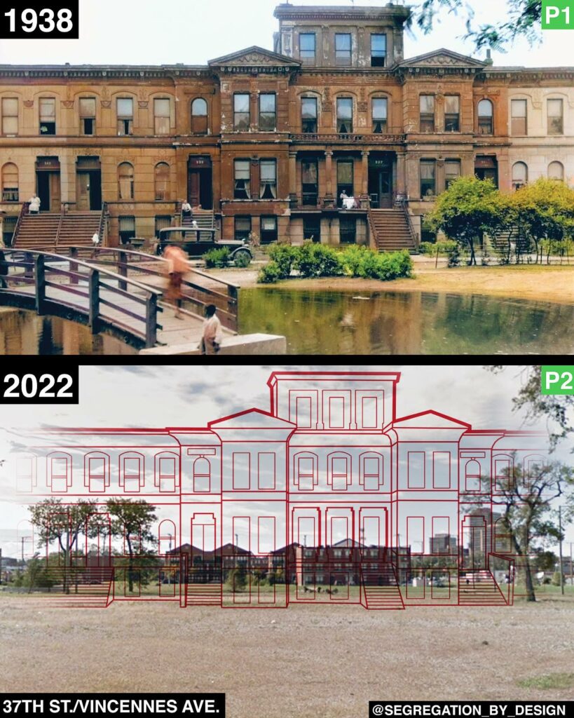 side by side comparison of a photo from 1938 and 2022. The 1938 photograph shows an apartment building with a pond in front and the 2022 image shows outline of the building over an empty field.