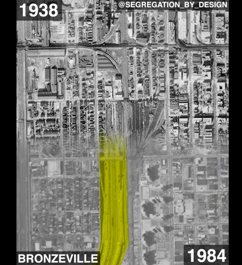 Still screenshot from a video juxtaposing black and white, aerial photographs of Chicago from 1938 and 1984. There is a yellow line over the 1984 image indicating freeways that were built between 1938 and 1984.