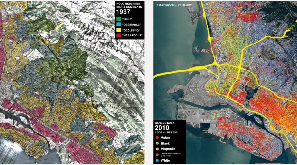 two maps of Oakland, California side by side; the map on the left has an overlay of a 1937 redlining map and the one on the right has demographic data over a satellite maps from 2010