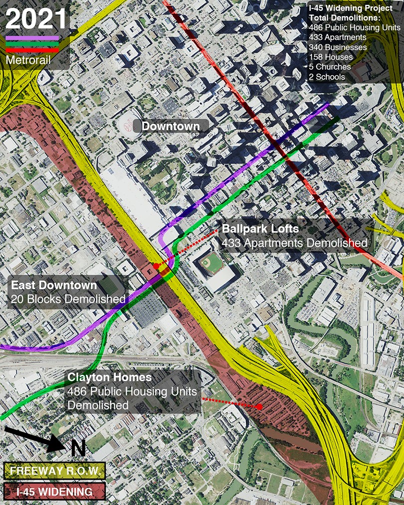 aerial photograph of Houston Texas with highway I-45 highlighted in yellow and proposed highway expansion highlighted in red. Annotations note the names of neighborhoods to be demolished and how many people will be displaced. 