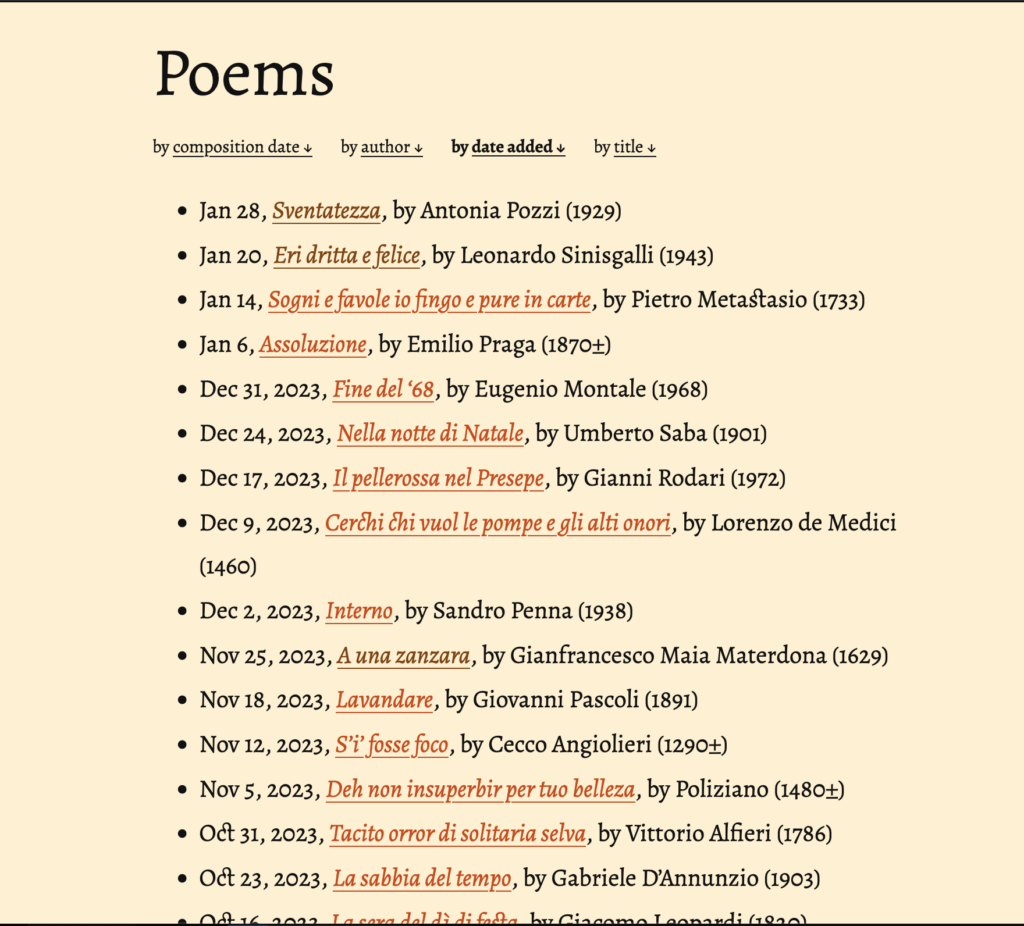 Screenshot of a list of poem titles available on the site.