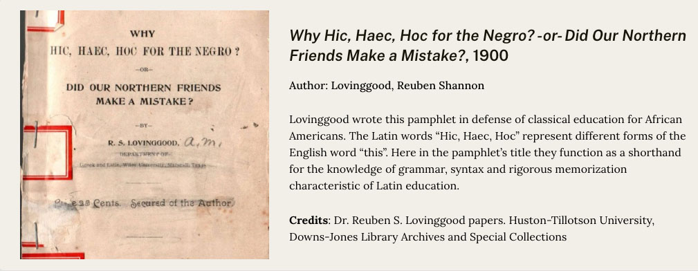 A screenshot of metadata and thumbnail for R.S. Lovinggood's 1900 pamphlet, "Why Hic, Haec Hoc for the Negro?"