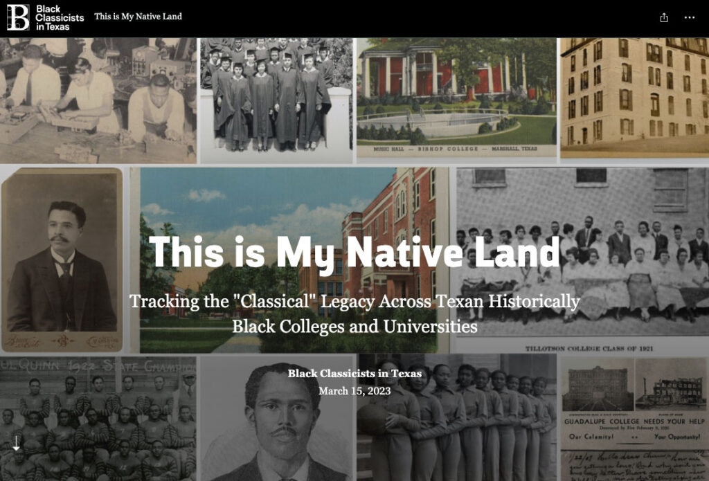 Landing page of the StoryMap, "This is My Native Land". Photographs from the exhibit are scattered in the background. 
